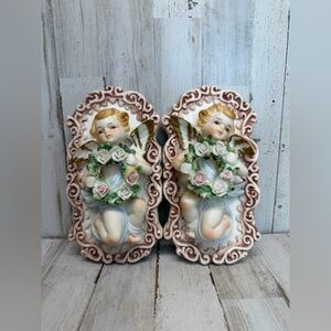 Set of 2 Tilso Japan Porcelain Hanging Angels With Floral Wreathes Gorgeous